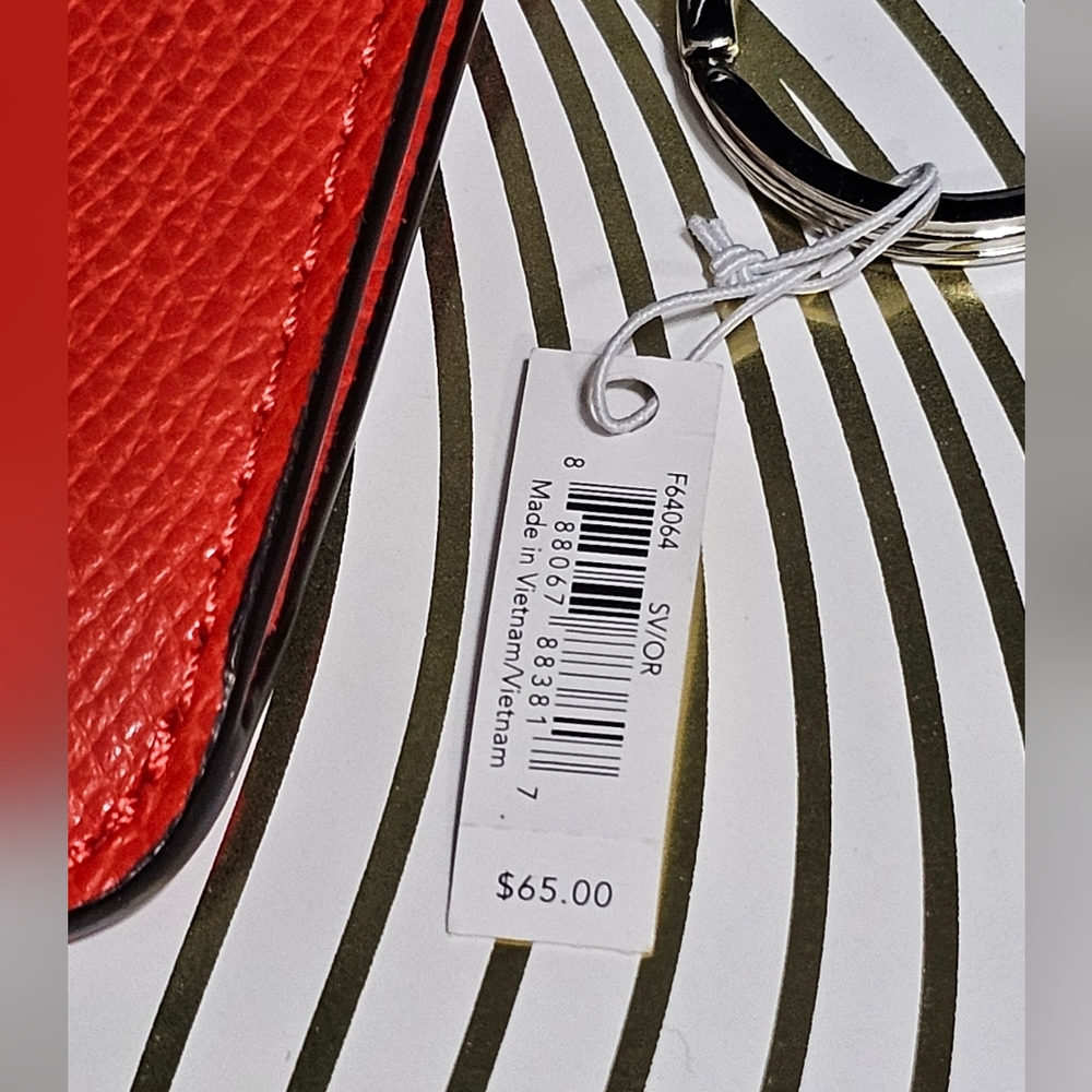COACH F64064 KEY POUCH WITH GUSSET IN CROSSGRAIN LEATHER Bright Orange New 🧡🧡 - Picture 6 of 7